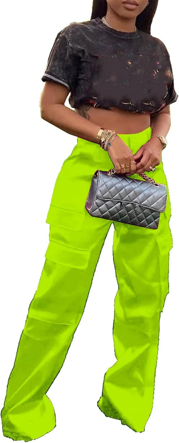 CALEBGAR Womens Cargo Pants Casual High Wasited Wide Leg Parachute Pants with Pockets