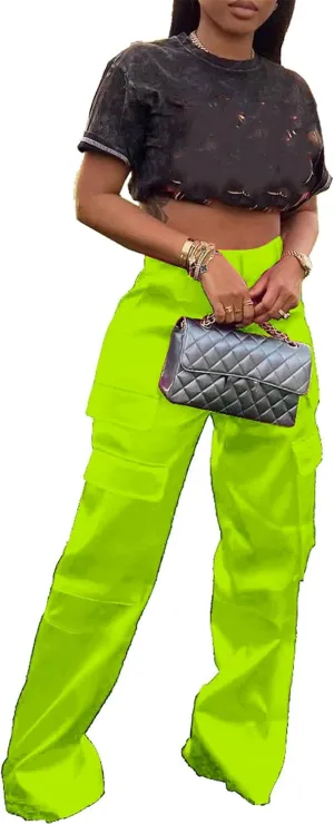 CALEBGAR Womens Cargo Pants Casual High Wasited Wide Leg Parachute Pants with Pockets