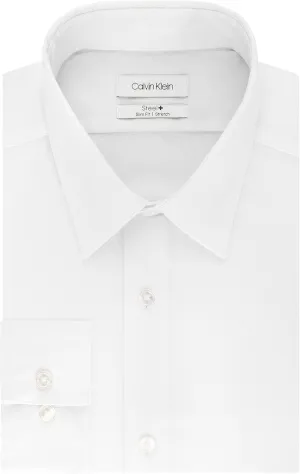 Calvin Klein Men's Non Iron Stretch Slim Fit Unsolid Solid Dress Shirt Shirt, White, 17.5" Neck 36-37" Sleeve