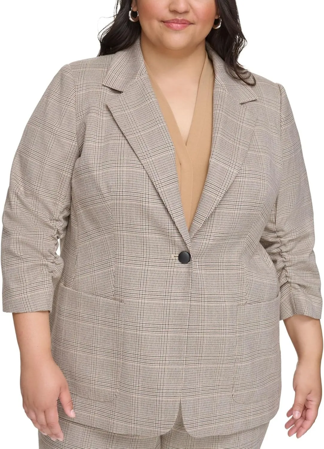 Calvin Klein Womens Ruched Sleeve Glen Check One Button Blazer Jacket, Beige, Plus Size, 20W