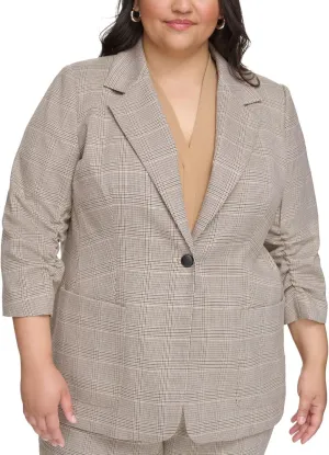 Calvin Klein Womens Ruched Sleeve Glen Check One Button Blazer Jacket, Beige, Plus Size, 20W