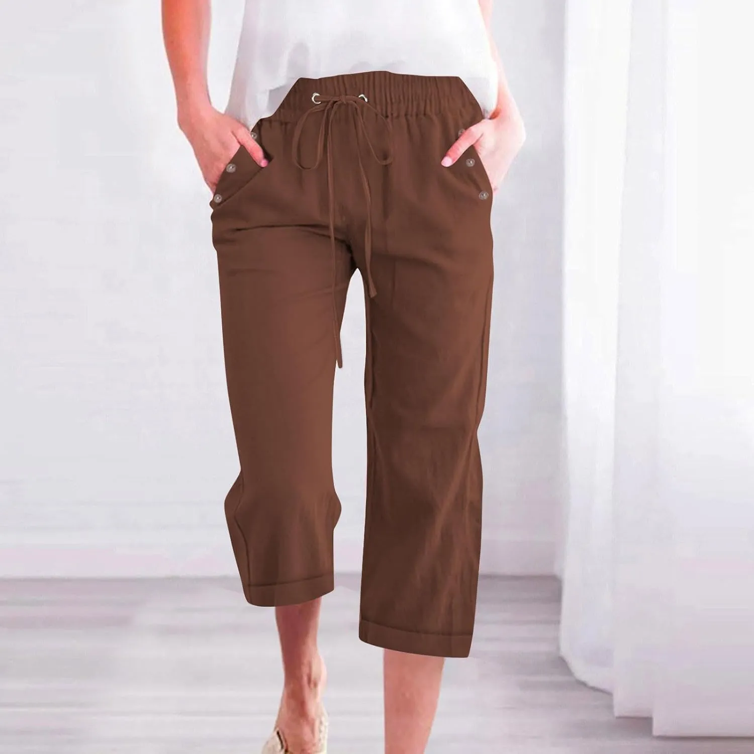 Capri Pants for Women 2025 Summer Linen Wide Leg Pants Casual Lightweight Capri Lounge Short with Pockets