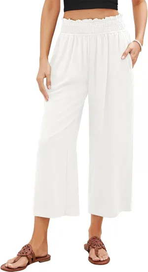 Capri Pants for Women Wide Leg Linen Palazzo Pants High Waist Elastic Pant Summer Casual Beach Trousers with Pockets