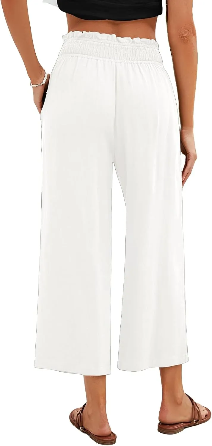Capri Pants for Women Wide Leg Linen Palazzo Pants High Waist Elastic Pant Summer Casual Beach Trousers with Pockets