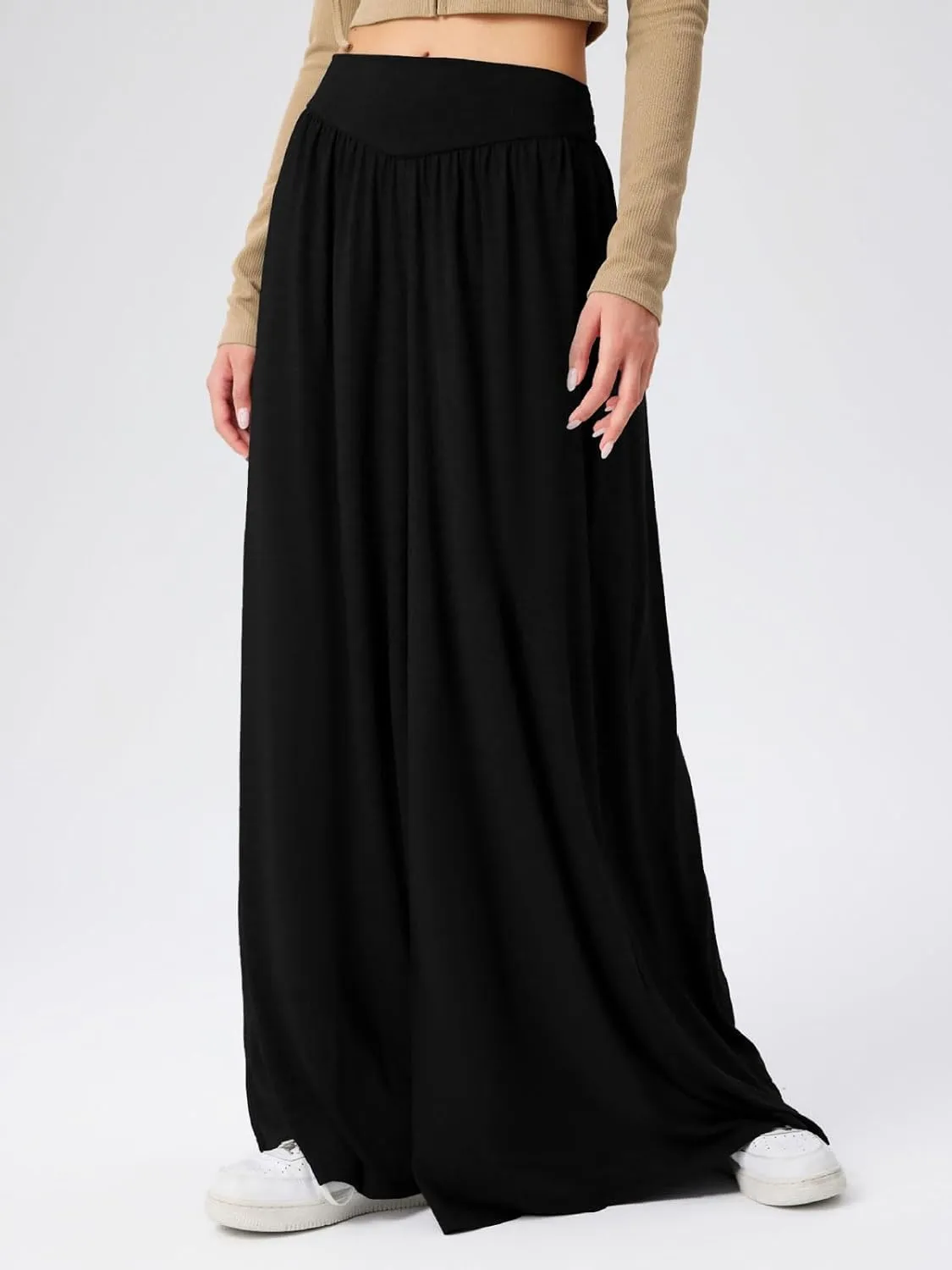 CHARTOU Women's Flowy Wide Leg Palazzo Pants Baggy High Waist Pleated Maxi Long Smocked Skirt