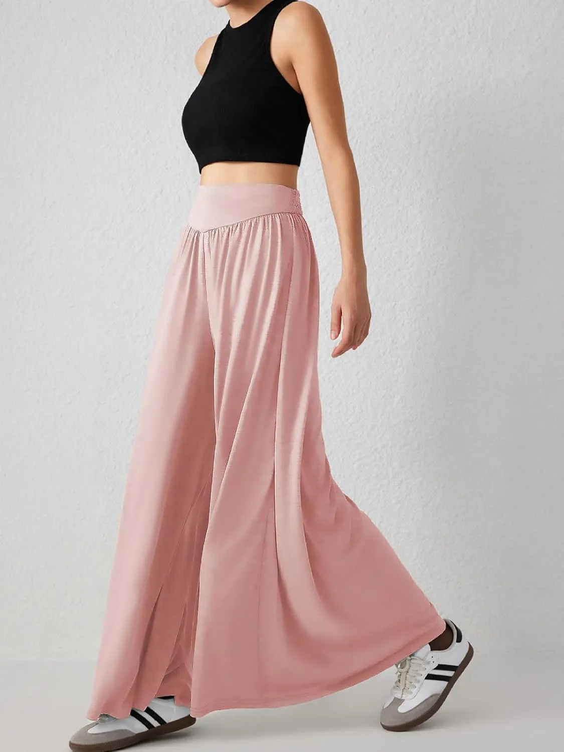 CHARTOU Women's Flowy Wide Leg Palazzo Pants Baggy High Waist Pleated Maxi Long Smocked Skirt