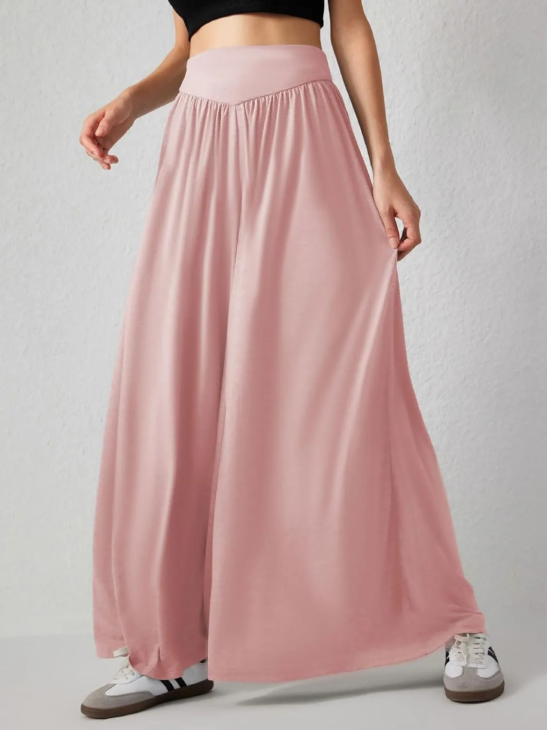 CHARTOU Women's Flowy Wide Leg Palazzo Pants Baggy High Waist Pleated Maxi Long Smocked Skirt