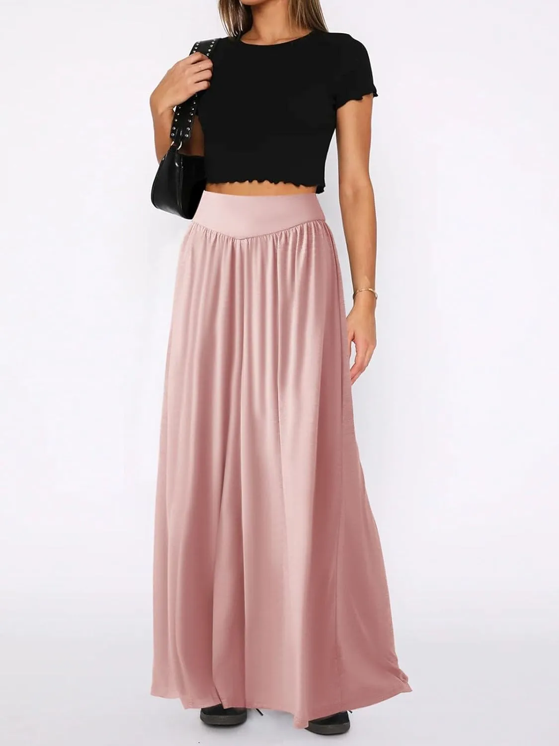CHARTOU Women's Flowy Wide Leg Palazzo Pants Baggy High Waist Pleated Maxi Long Smocked Skirt