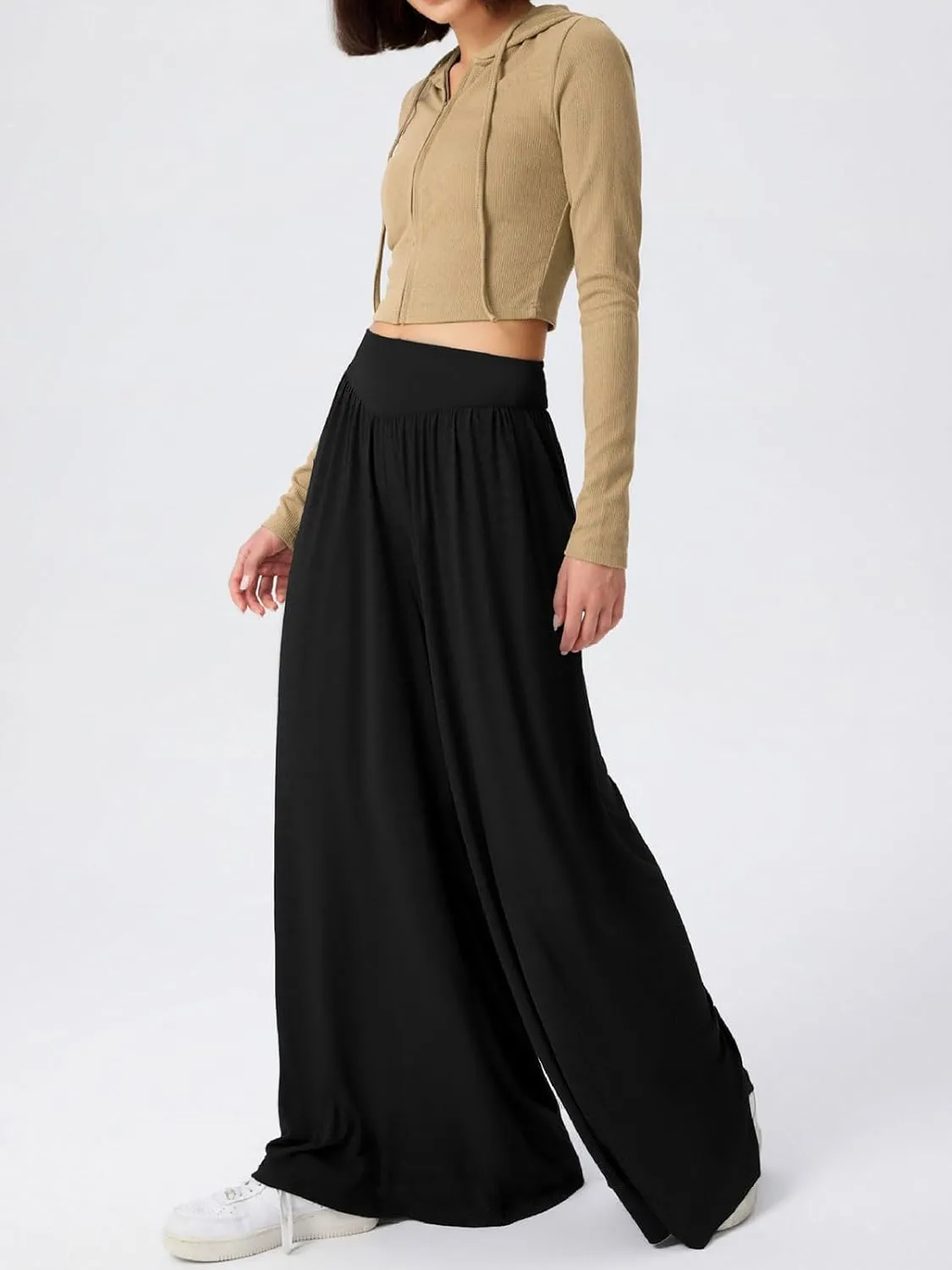 CHARTOU Women's Flowy Wide Leg Palazzo Pants Baggy High Waist Pleated Maxi Long Smocked Skirt