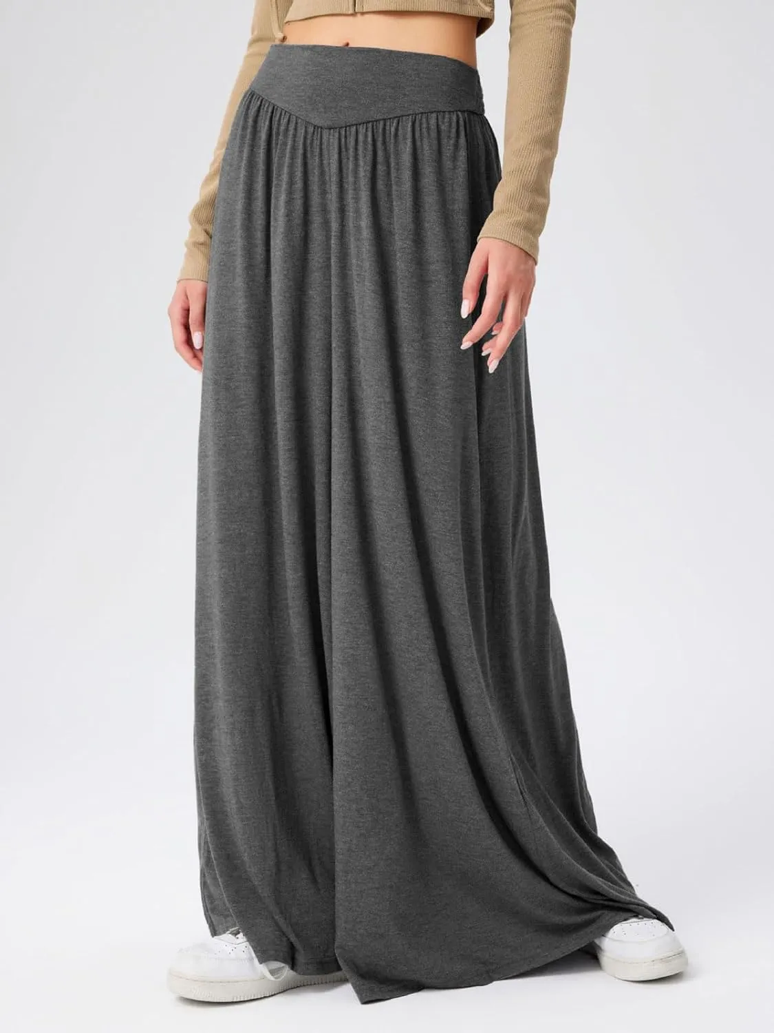 CHARTOU Women's Flowy Wide Leg Palazzo Pants Baggy High Waist Pleated Maxi Long Smocked Skirt