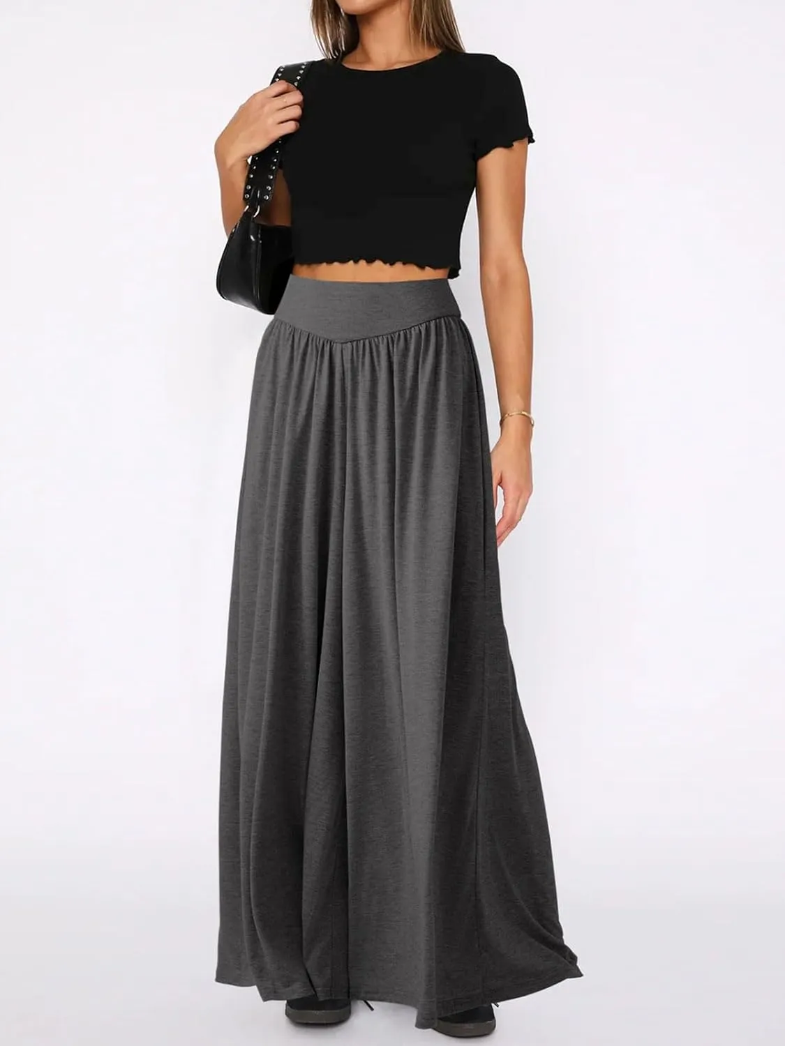 CHARTOU Women's Flowy Wide Leg Palazzo Pants Baggy High Waist Pleated Maxi Long Smocked Skirt