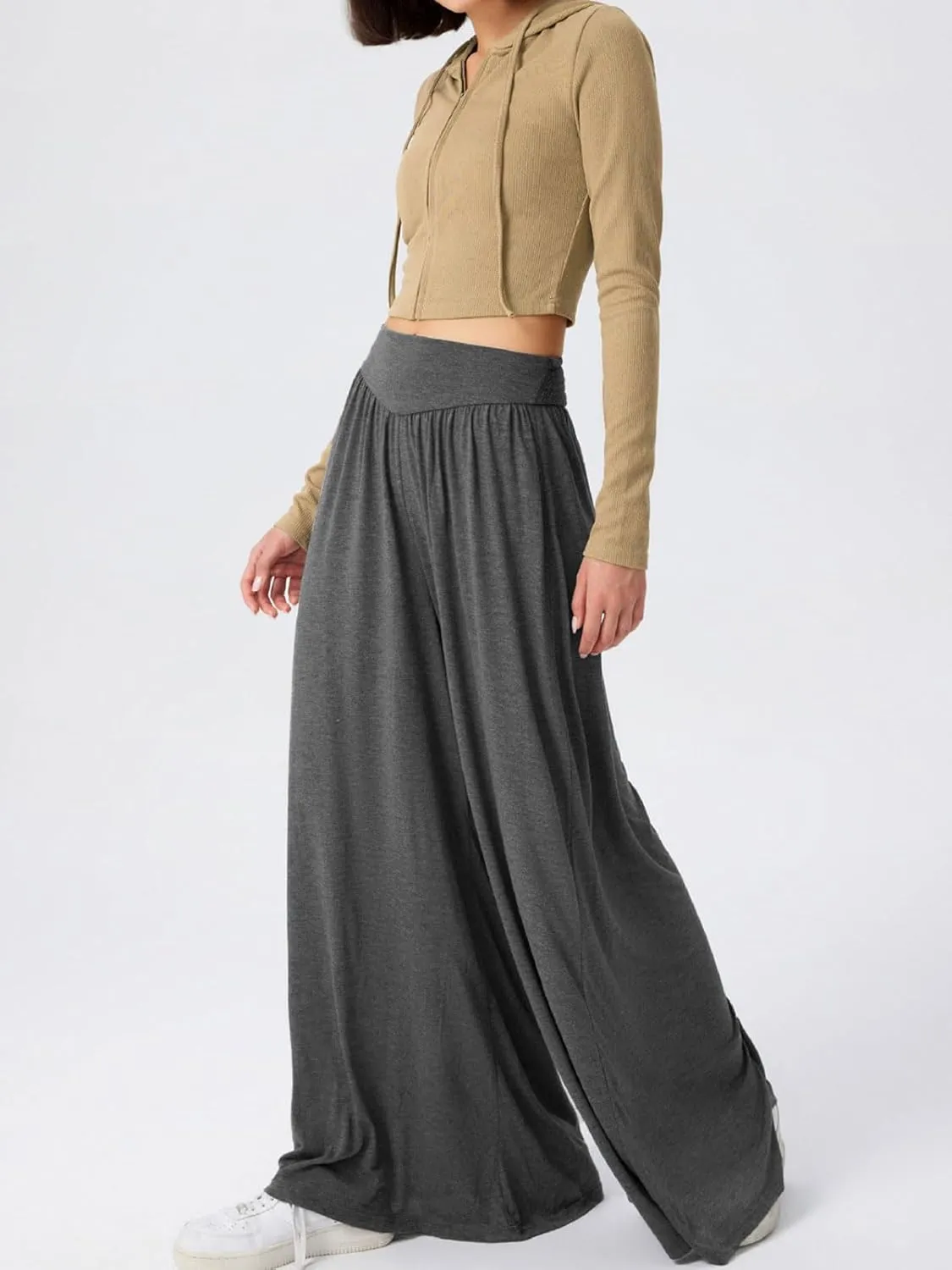 CHARTOU Women's Flowy Wide Leg Palazzo Pants Baggy High Waist Pleated Maxi Long Smocked Skirt