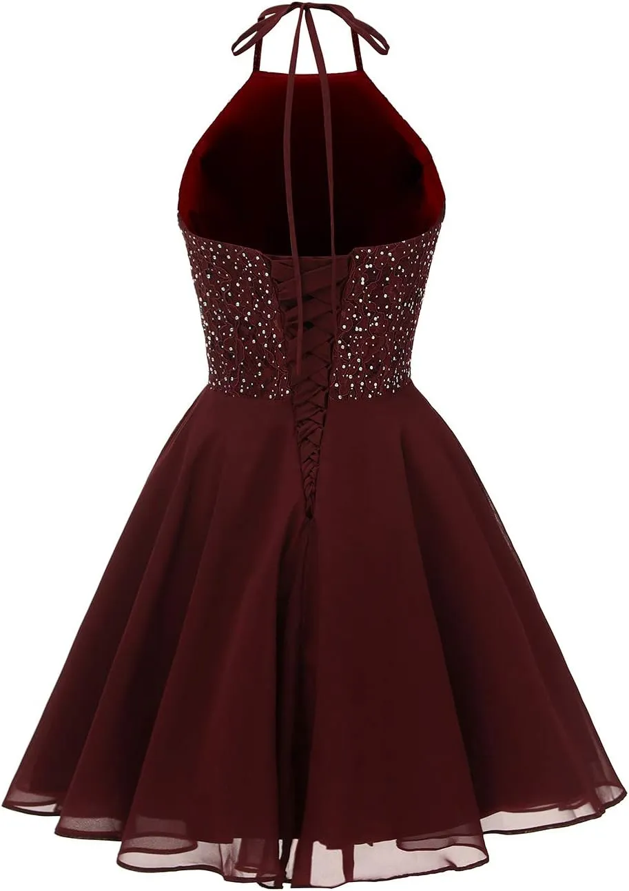 Chiffon Lace Halter Homecoming Dresses for Teens Short Prom Dress Beaded A-Line Evening Wedding Party Gowns