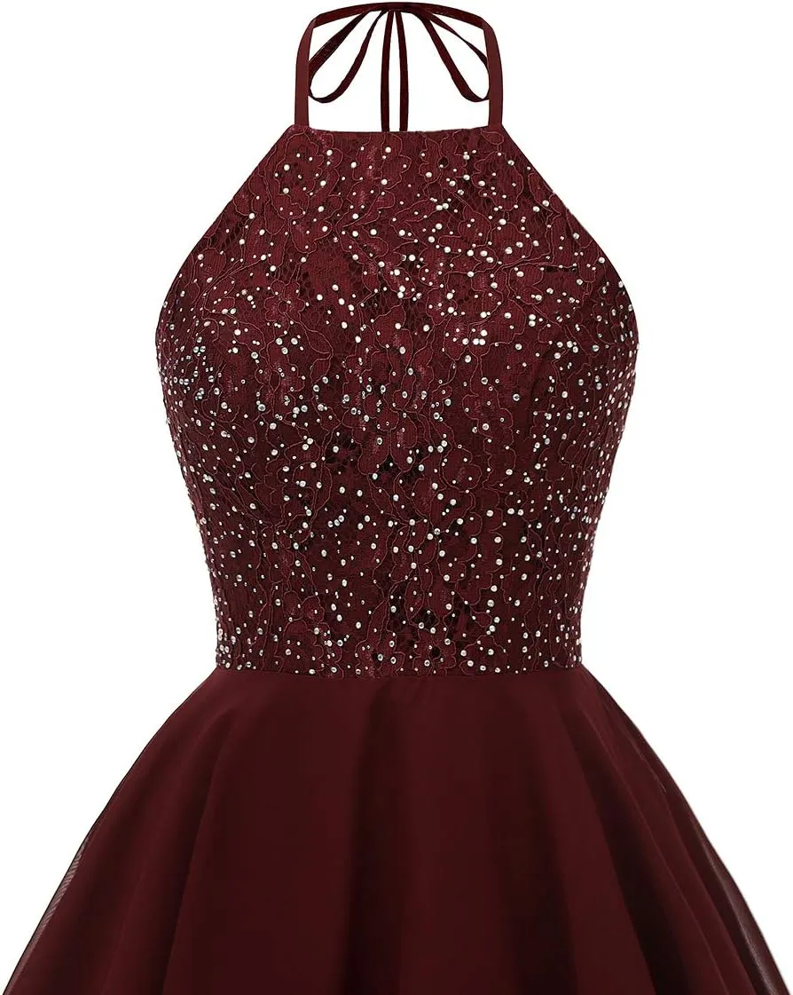 Chiffon Lace Halter Homecoming Dresses for Teens Short Prom Dress Beaded A-Line Evening Wedding Party Gowns
