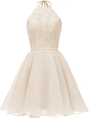Chiffon Lace Halter Homecoming Dresses for Teens Short Prom Dress Beaded A-Line Evening Wedding Party Gowns