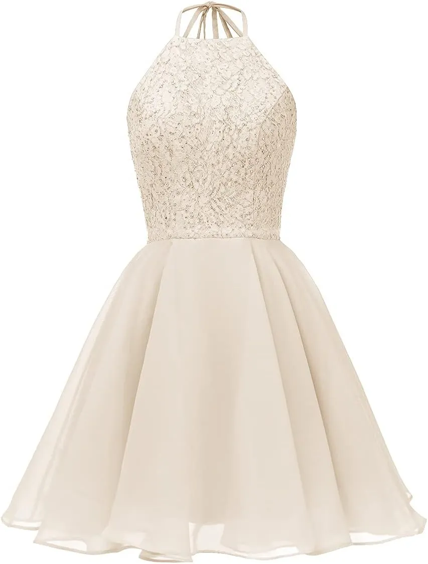 Chiffon Lace Halter Homecoming Dresses for Teens Short Prom Dress Beaded A-Line Evening Wedding Party Gowns