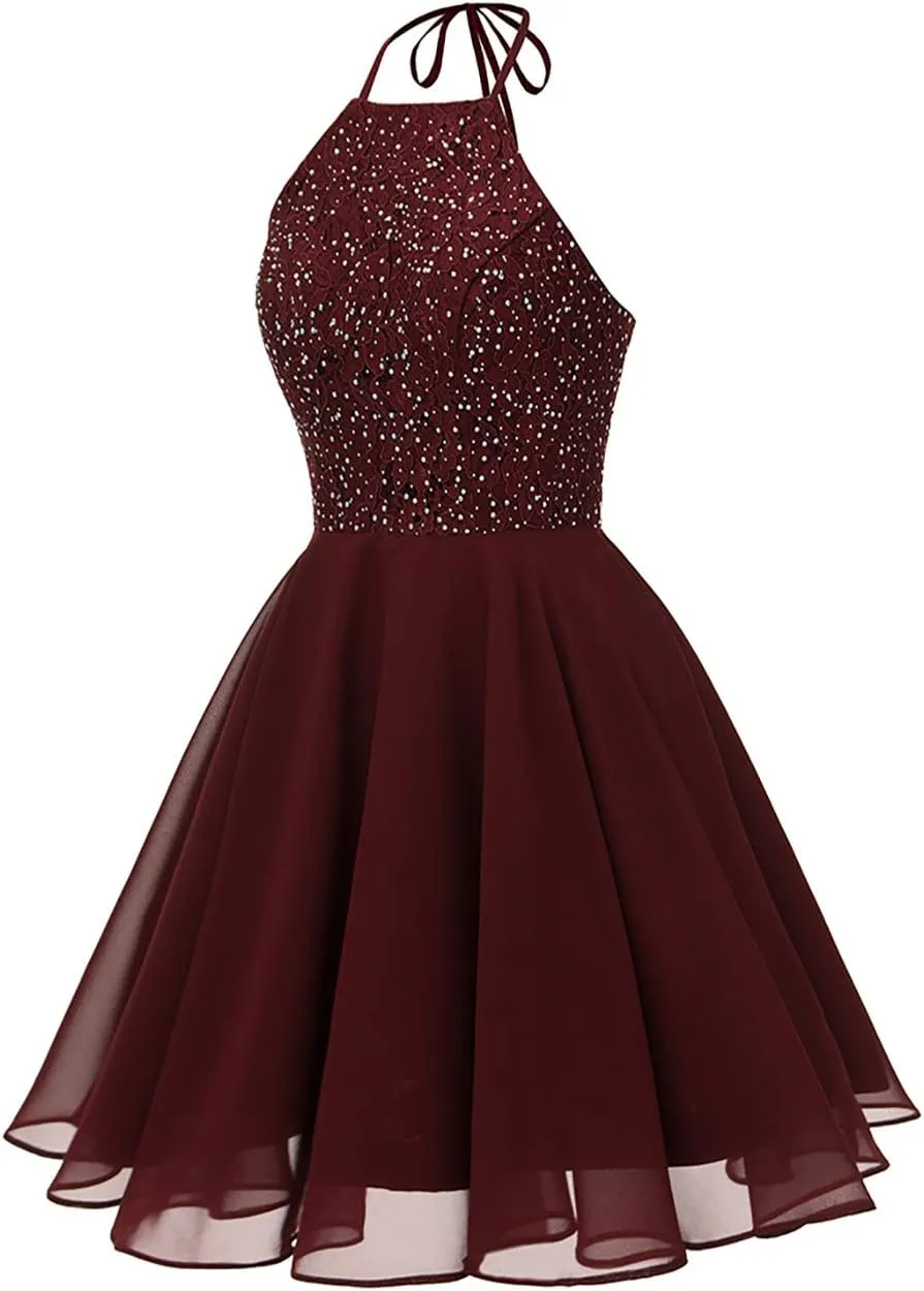 Chiffon Lace Halter Homecoming Dresses for Teens Short Prom Dress Beaded A-Line Evening Wedding Party Gowns
