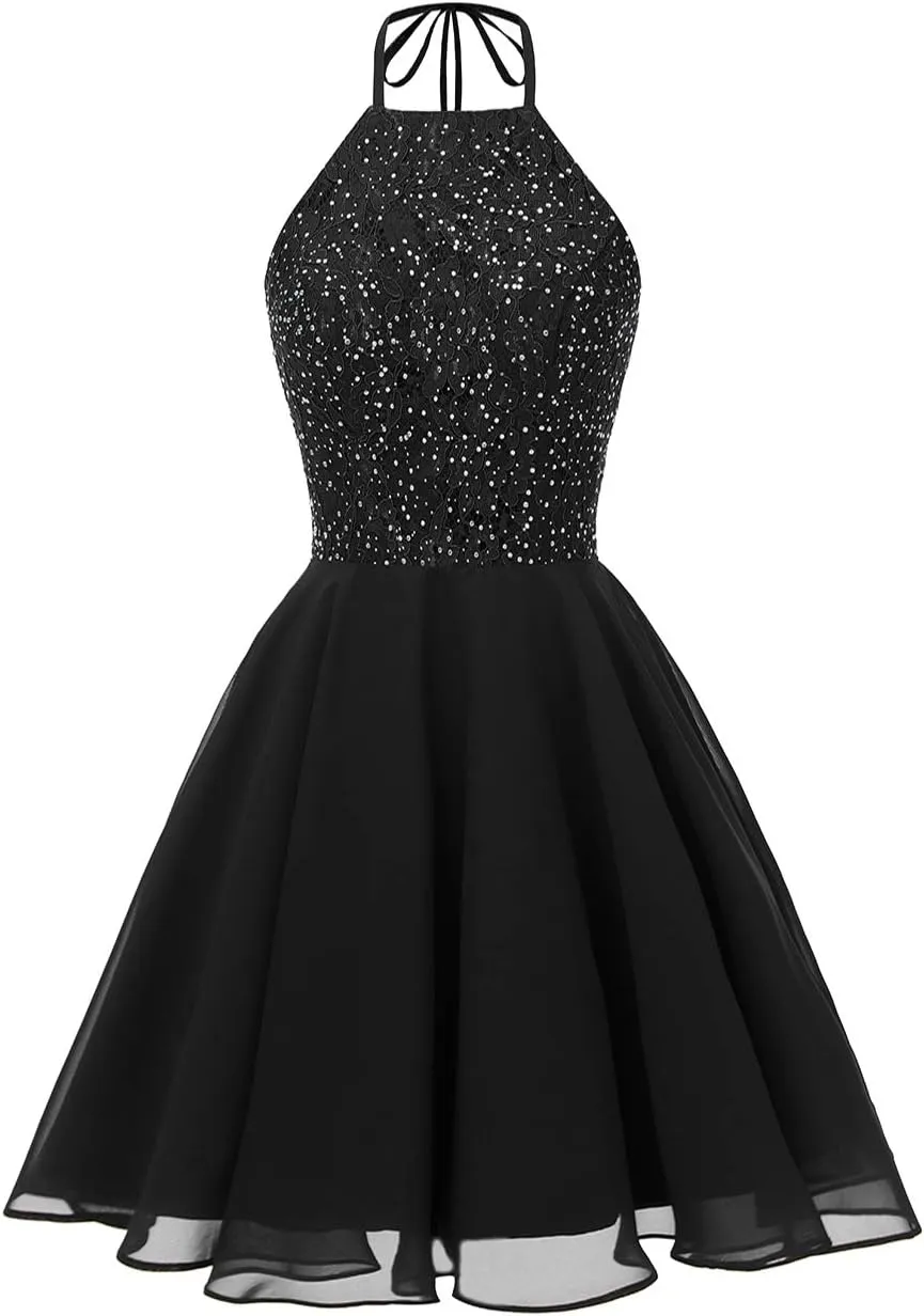 Chiffon Lace Halter Homecoming Dresses for Teens Short Prom Dress Beaded A-Line Evening Wedding Party Gowns