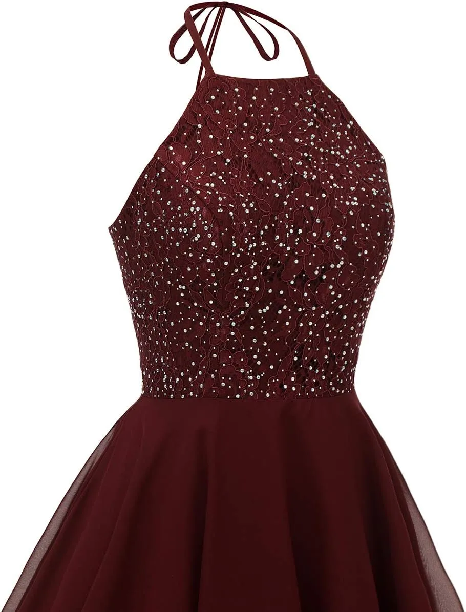 Chiffon Lace Halter Homecoming Dresses for Teens Short Prom Dress Beaded A-Line Evening Wedding Party Gowns