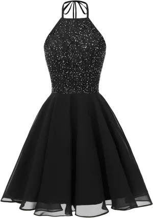 Chiffon Lace Halter Homecoming Dresses for Teens Short Prom Dress Beaded A-Line Evening Wedding Party Gowns