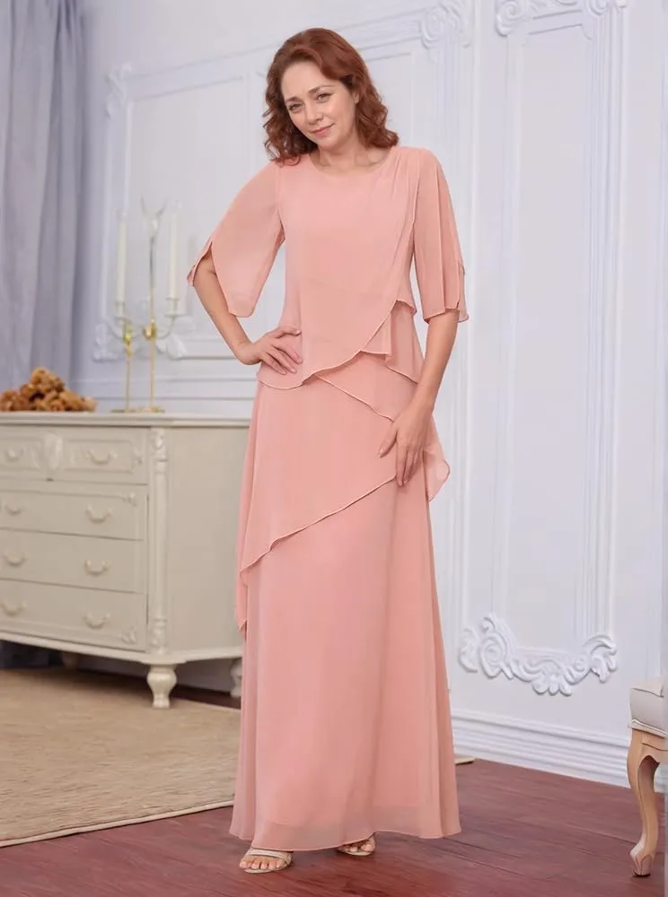 Chiffon Long Mother of The Bride Dresses for Wedding Long Sleeve Corset Ruffle Fomal Evening Gowns for Women