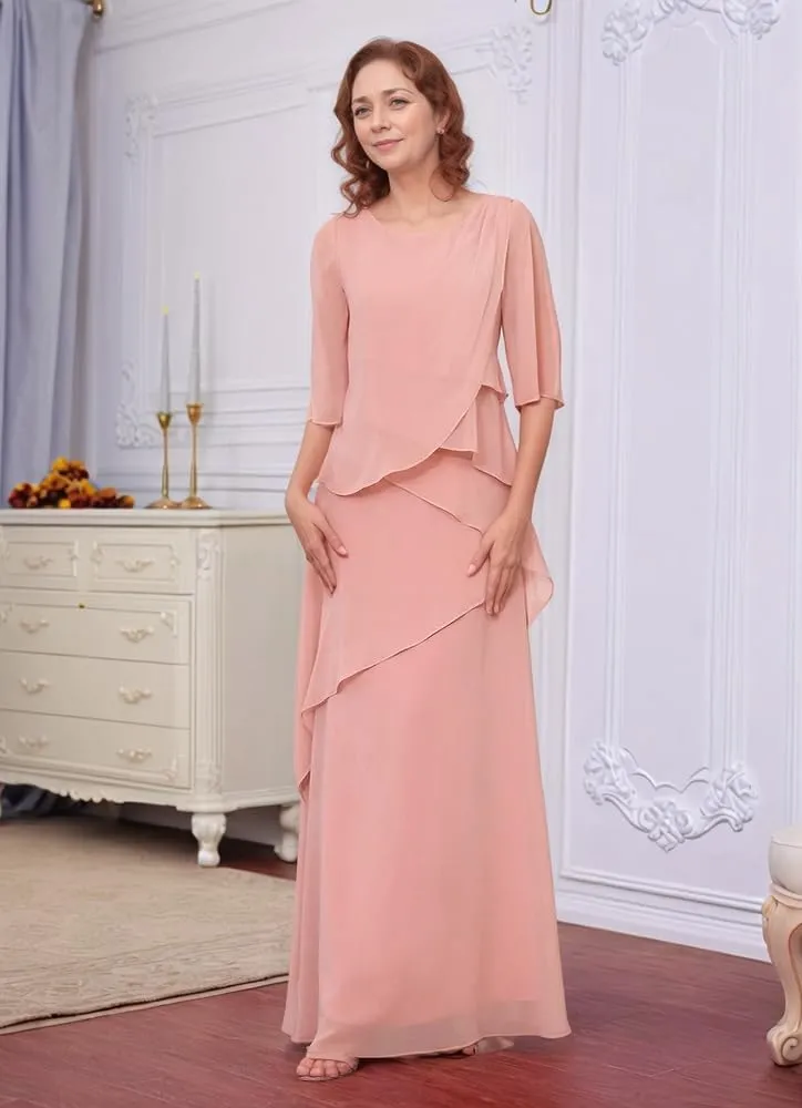 Chiffon Long Mother of The Bride Dresses for Wedding Long Sleeve Corset Ruffle Fomal Evening Gowns for Women