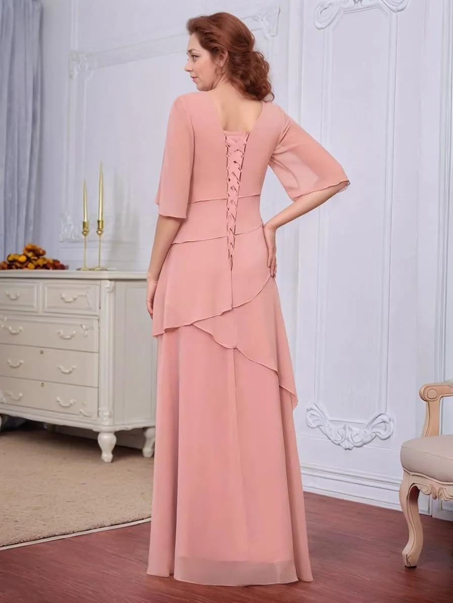 Chiffon Long Mother of The Bride Dresses for Wedding Long Sleeve Corset Ruffle Fomal Evening Gowns for Women