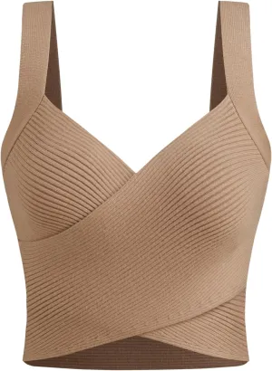 CIDER Knitted Crop Top V Neck Solid Wrap Sleeveless Tank Top Texture Regular Fit Casual Knit Fabric
