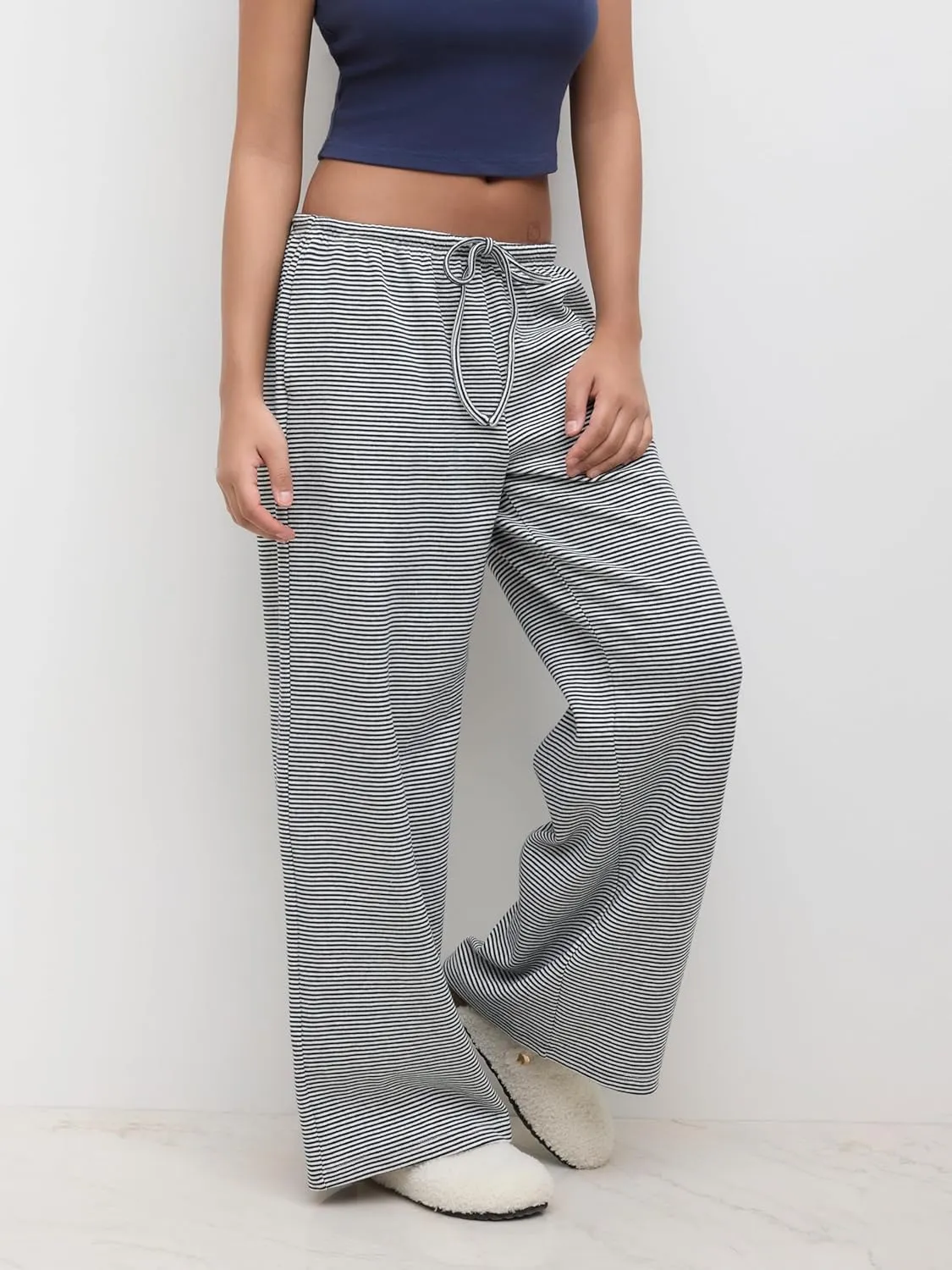 CIDER Lounge Pants Women Wide Leg Striped Low Waist Drawstring Trousers Casual Comfy Cotton Blend Pants with Pockets