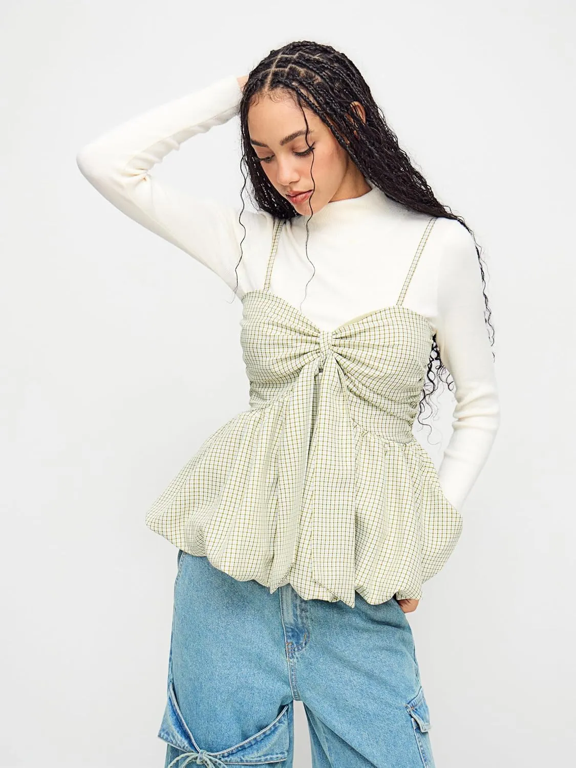 CIDER Plaid Shirts for Women Check Shirred Knotted Cami Top Sleeveless Bubble Hem Cute Blouse Going Out Top