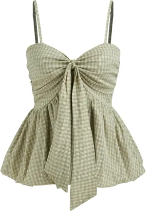 CIDER Plaid Shirts for Women Check Shirred Knotted Cami Top Sleeveless Bubble Hem Cute Blouse Going Out Top