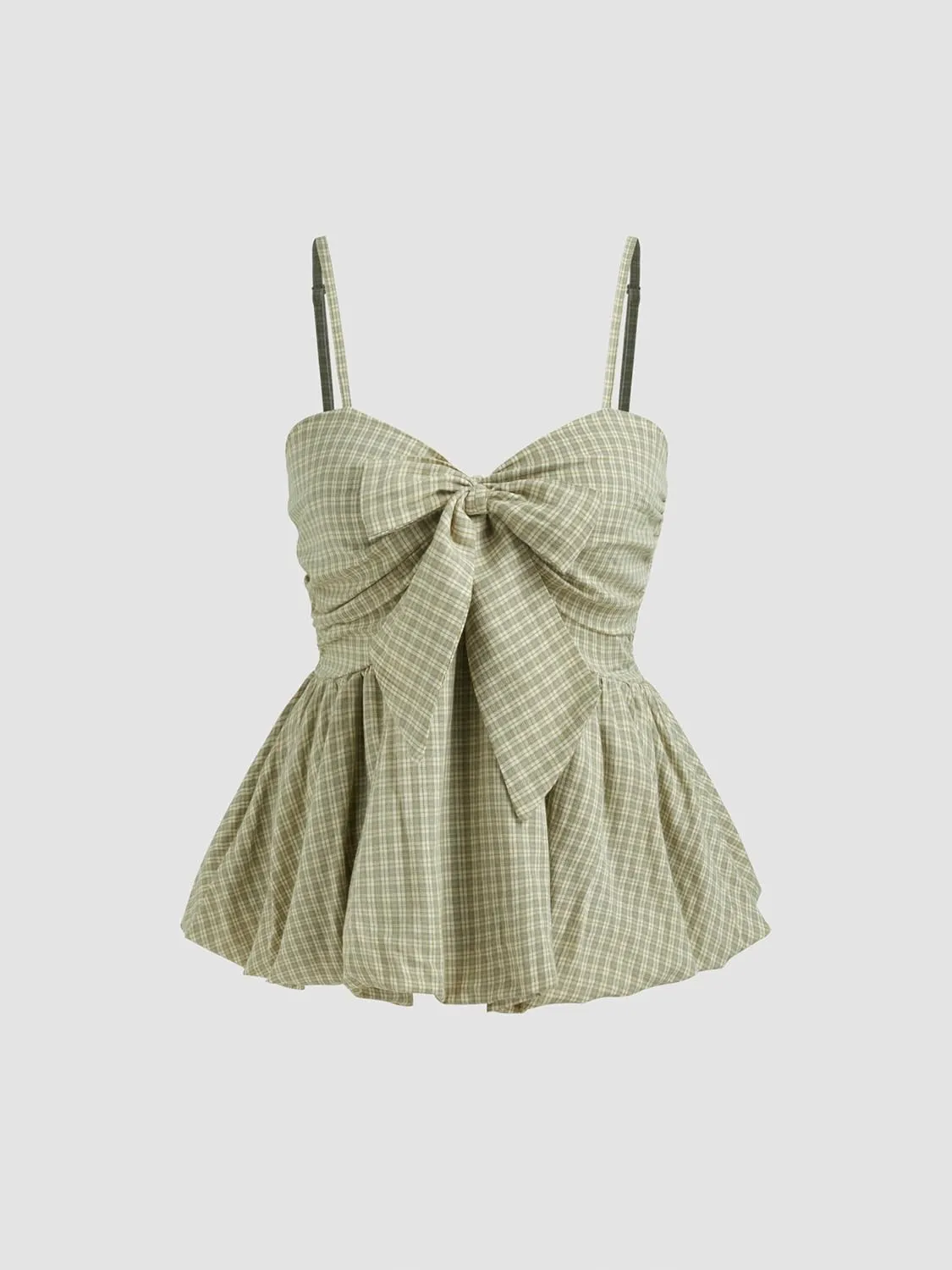 CIDER Plaid Shirts for Women Check Shirred Knotted Cami Top Sleeveless Bubble Hem Cute Blouse Going Out Top