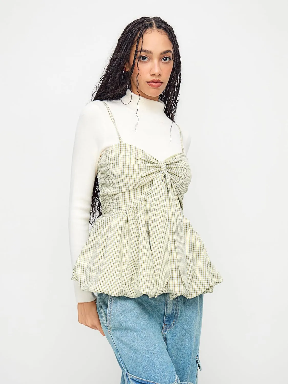 CIDER Plaid Shirts for Women Check Shirred Knotted Cami Top Sleeveless Bubble Hem Cute Blouse Going Out Top