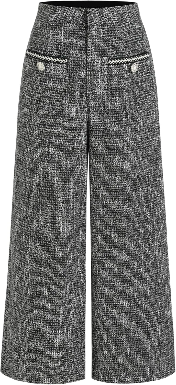 CIDER Tweed Mid Waist Solid Button Wide Leg Trousers