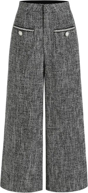 CIDER Tweed Mid Waist Solid Button Wide Leg Trousers