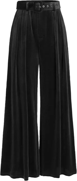 CIDER Velvet Mid Waist Pocket Wide Leg Trousers with Belt