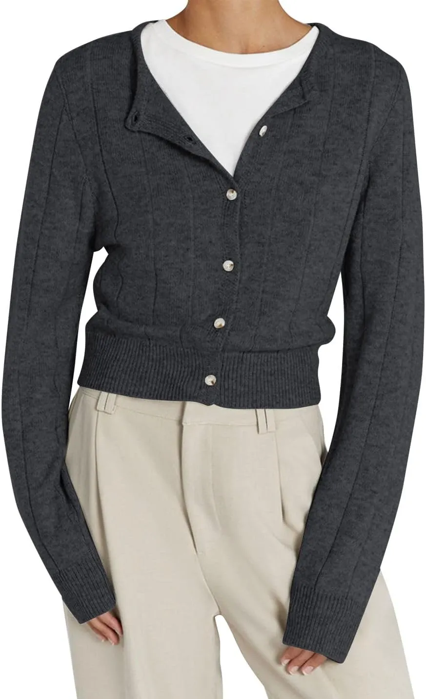 Cioatin Women Long Sleeve Button Down Knit Crop Cardigan Open Front Lightweight Sweater Pullover Fall Outfits Tops