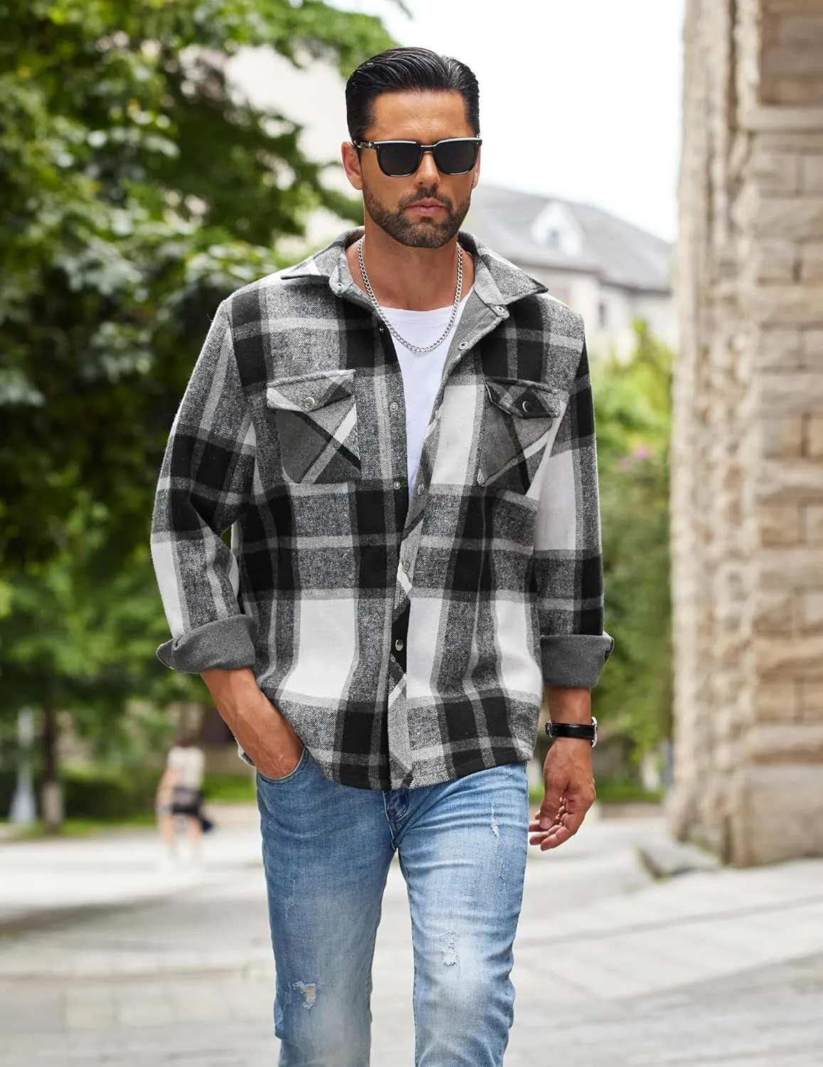 COOFANDY Mens Flannel Shirt Jacket Casual Button Down Plaid Shirt Jackets Warm Lined Sherpa Shacket with Pockets