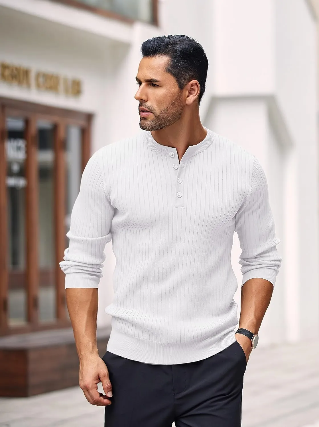 COOFANDY Mens Knit Henley Sweater Long Sleeve Button Down Lightweight Sweater Fall Slim Fit Ribbed Pullover