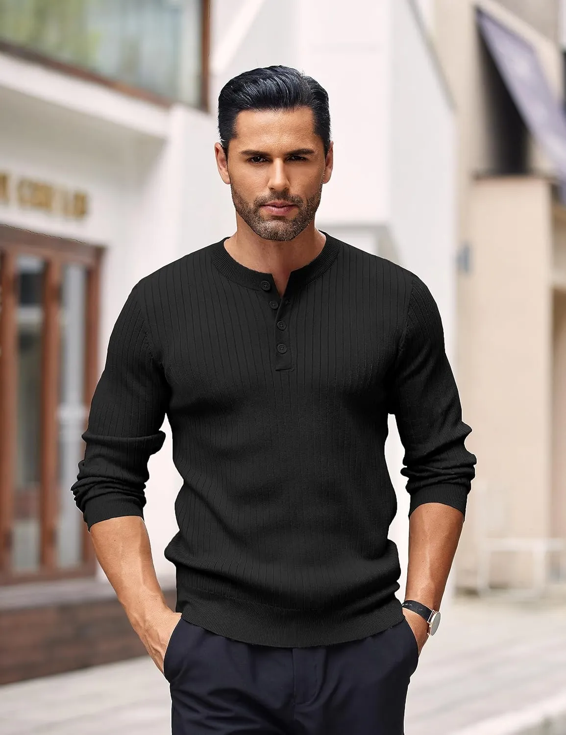 COOFANDY Mens Knit Henley Sweater Long Sleeve Button Down Lightweight Sweater Fall Slim Fit Ribbed Pullover