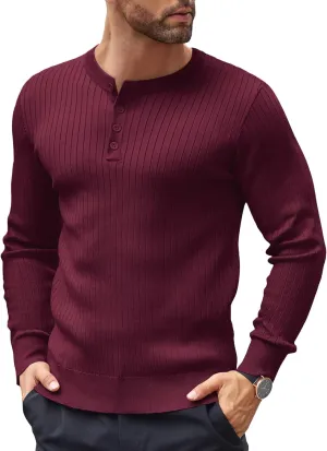 COOFANDY Mens Knit Henley Sweater Long Sleeve Button Down Lightweight Sweater Fall Slim Fit Ribbed Pullover