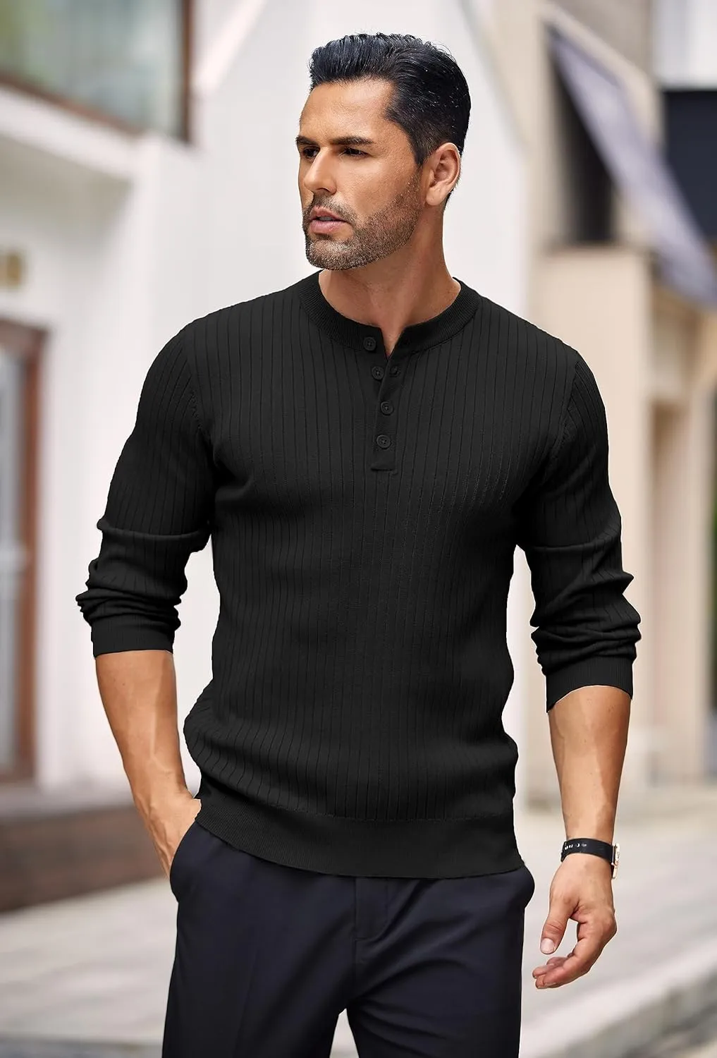 COOFANDY Mens Knit Henley Sweater Long Sleeve Button Down Lightweight Sweater Fall Slim Fit Ribbed Pullover