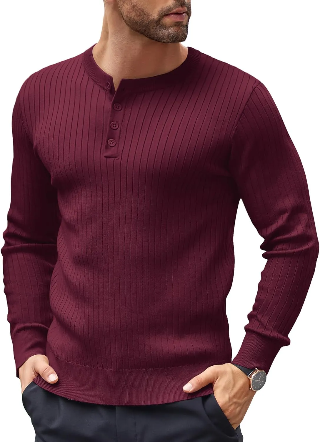 COOFANDY Mens Knit Henley Sweater Long Sleeve Button Down Lightweight Sweater Fall Slim Fit Ribbed Pullover