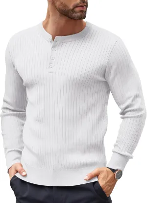 COOFANDY Mens Knit Henley Sweater Long Sleeve Button Down Lightweight Sweater Fall Slim Fit Ribbed Pullover