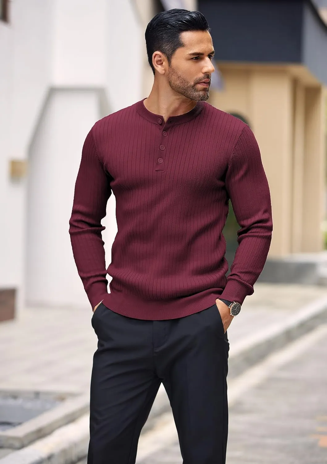 COOFANDY Mens Knit Henley Sweater Long Sleeve Button Down Lightweight Sweater Fall Slim Fit Ribbed Pullover
