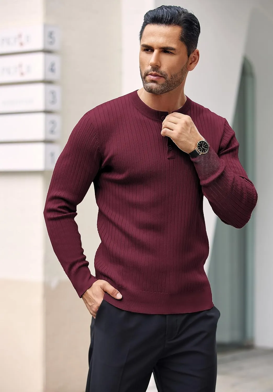 COOFANDY Mens Knit Henley Sweater Long Sleeve Button Down Lightweight Sweater Fall Slim Fit Ribbed Pullover