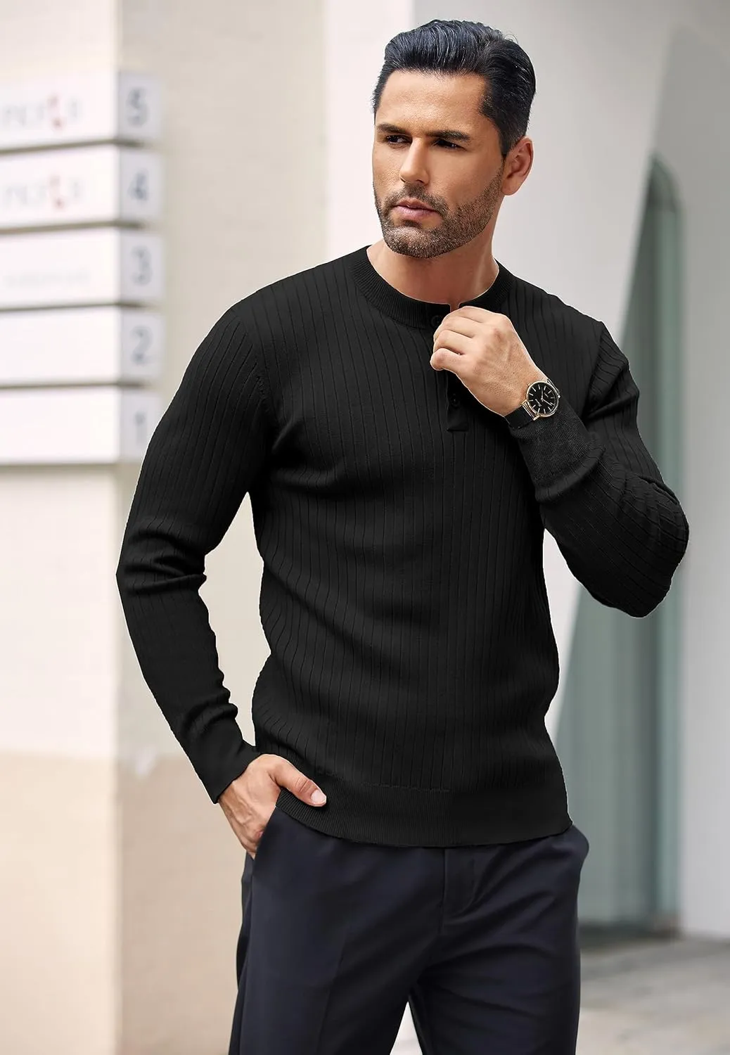 COOFANDY Mens Knit Henley Sweater Long Sleeve Button Down Lightweight Sweater Fall Slim Fit Ribbed Pullover
