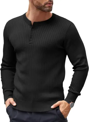 COOFANDY Mens Knit Henley Sweater Long Sleeve Button Down Lightweight Sweater Fall Slim Fit Ribbed Pullover