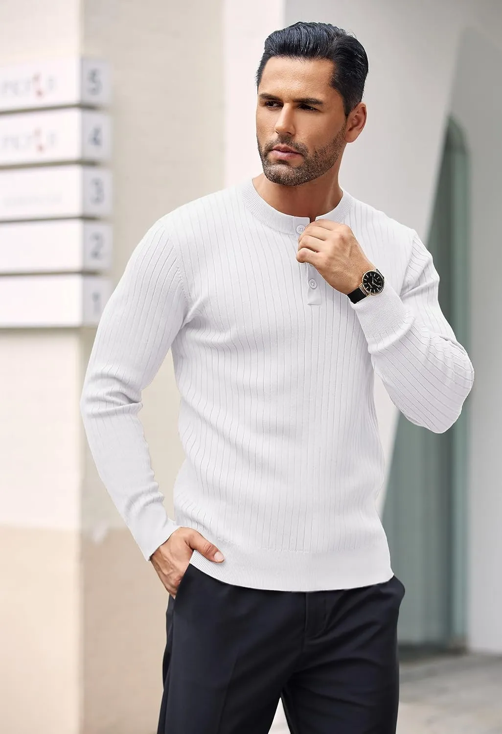 COOFANDY Mens Knit Henley Sweater Long Sleeve Button Down Lightweight Sweater Fall Slim Fit Ribbed Pullover