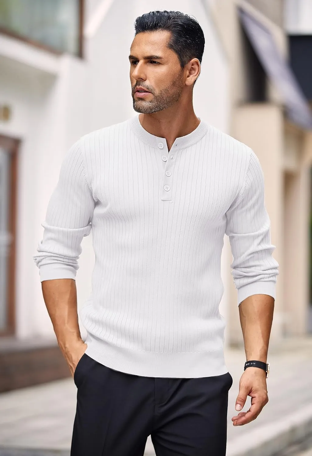 COOFANDY Mens Knit Henley Sweater Long Sleeve Button Down Lightweight Sweater Fall Slim Fit Ribbed Pullover